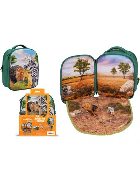 Mochila 3D convertible en escenario de juegos con 3 figuras de laselva (Leon, Zebra y Suricato), incluye catalogo coleccionistas