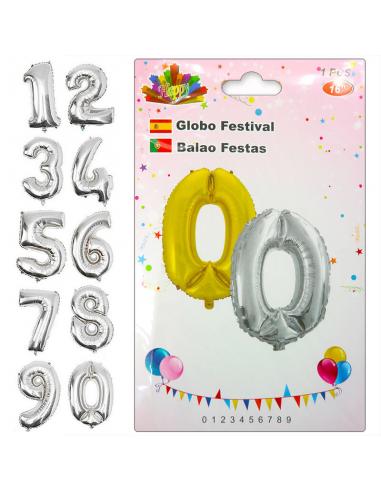 Globo de 40cm para fiesta o cumpleaños número 0 color plata - Imagen 1