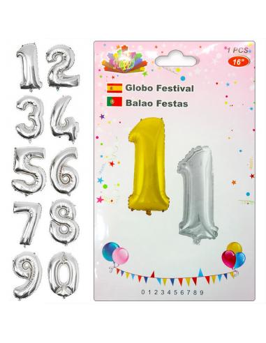Globo de 40cm para fiesta o cumpleaños número 1 color plata - Imagen 1