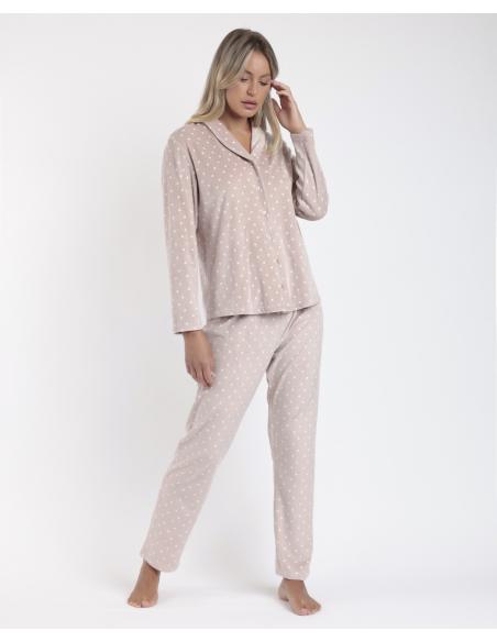 ADMAS CLASSIC Pijama Abierto Manga Larga Velvet Pico Dots Lace para Mujer