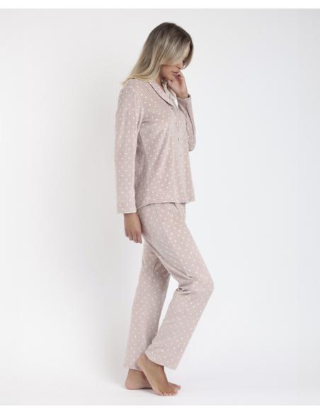 ADMAS CLASSIC Pijama Abierto Manga Larga Velvet Pico Dots Lace para Mujer