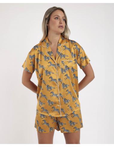 ADMAS LUXURY Pijama Abierto Manga Corta Zebra Gold para Mujer