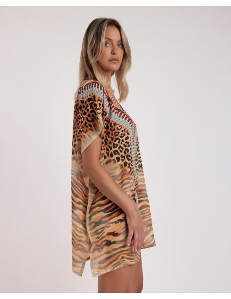 ADMAS Vestido Kaftan Manga Corta Safari para Mujer