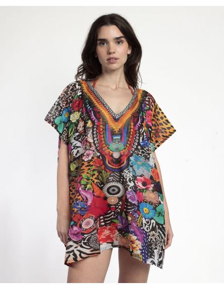 ADMAS Vestido Kaftan Manga Corta Tropical para Mujer